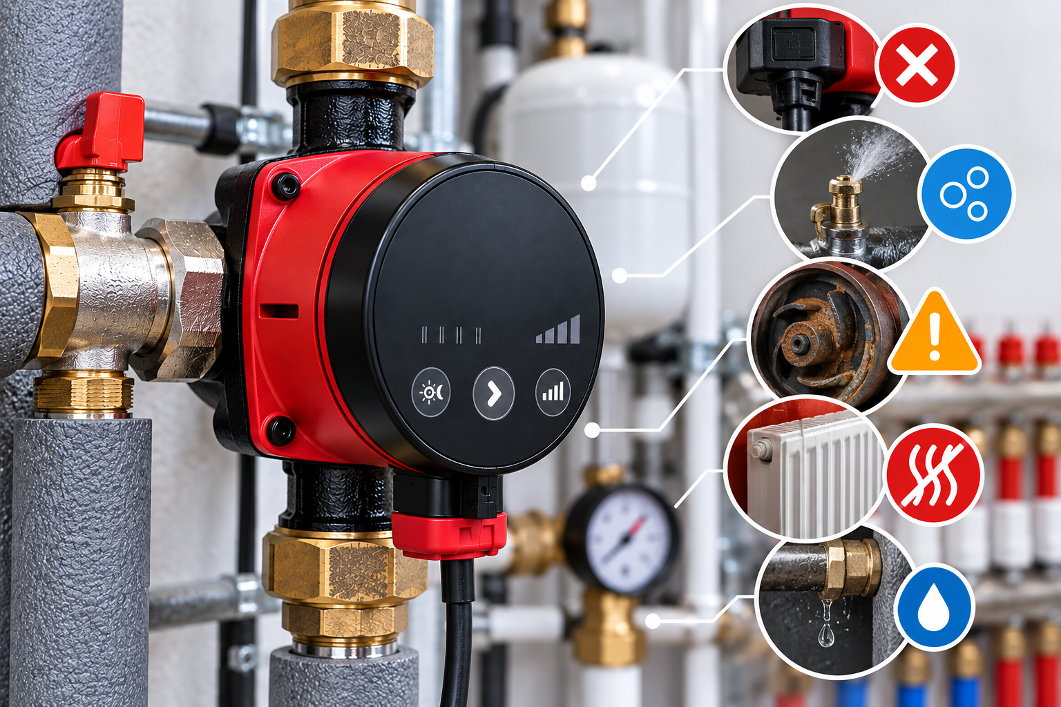 Electronic heating circulation pump installed in a hydronic system, illustrating pump troubleshooting and common operating problems