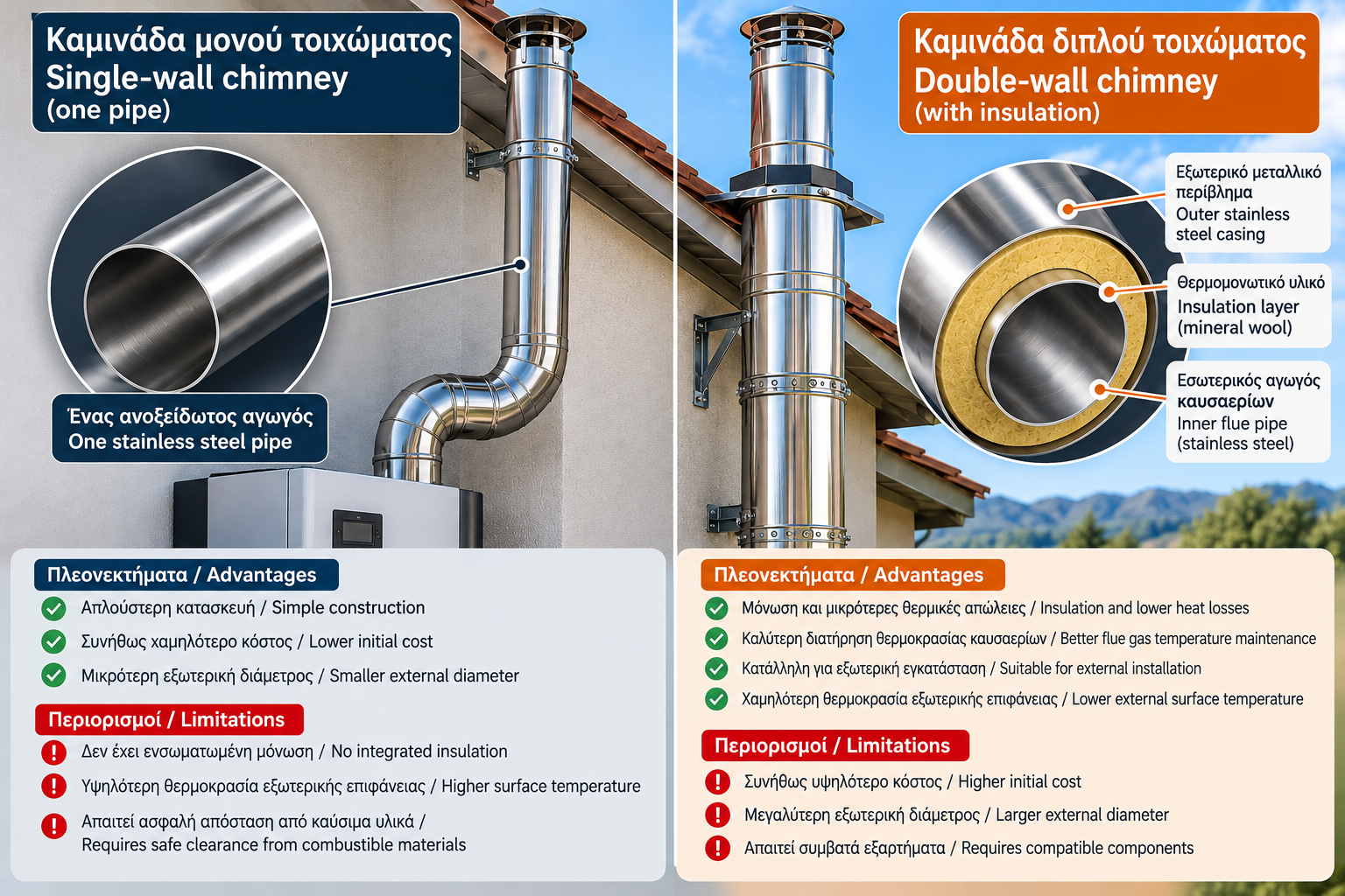 Comparison of single-wall and insulated double-wall stainless steel chimneys, showing their construction, insulation layers, advantages and installation considerations.