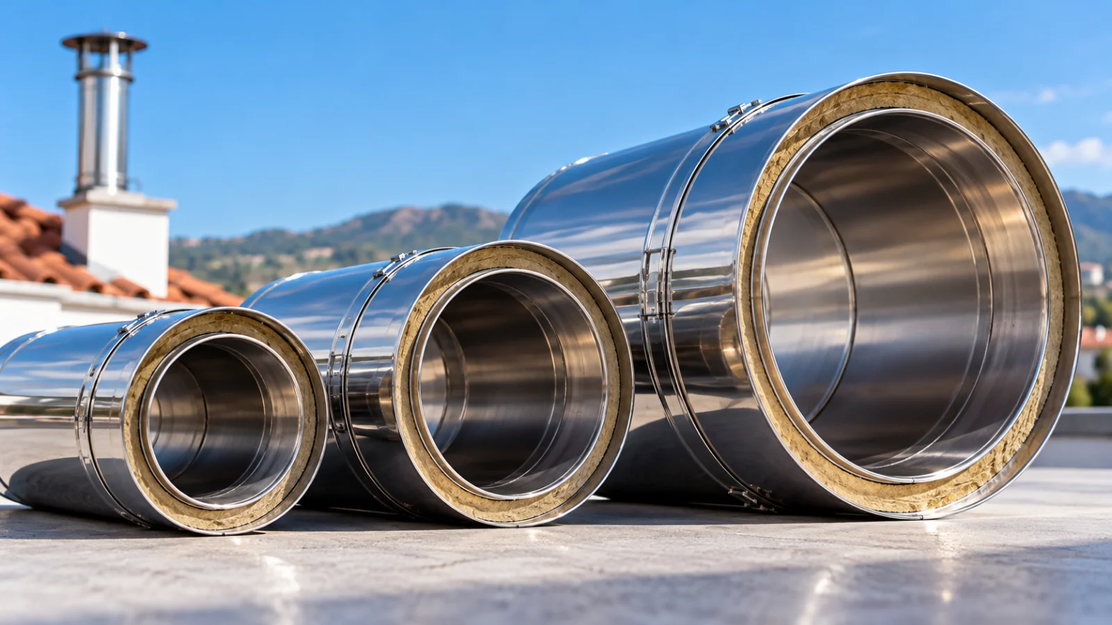 Three insulated stainless steel chimney pipes with different internal diameters, illustrating flue cross-sectional area and chimney sizing.