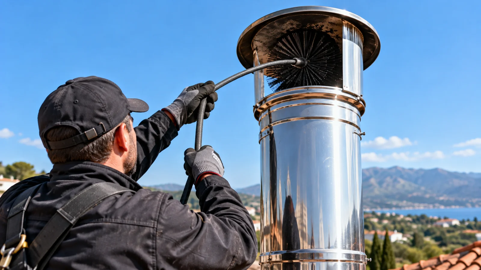 Professional chimney sweep using a flexible cleaning brush to remove soot and deposits from a stainless steel chimney flue.
