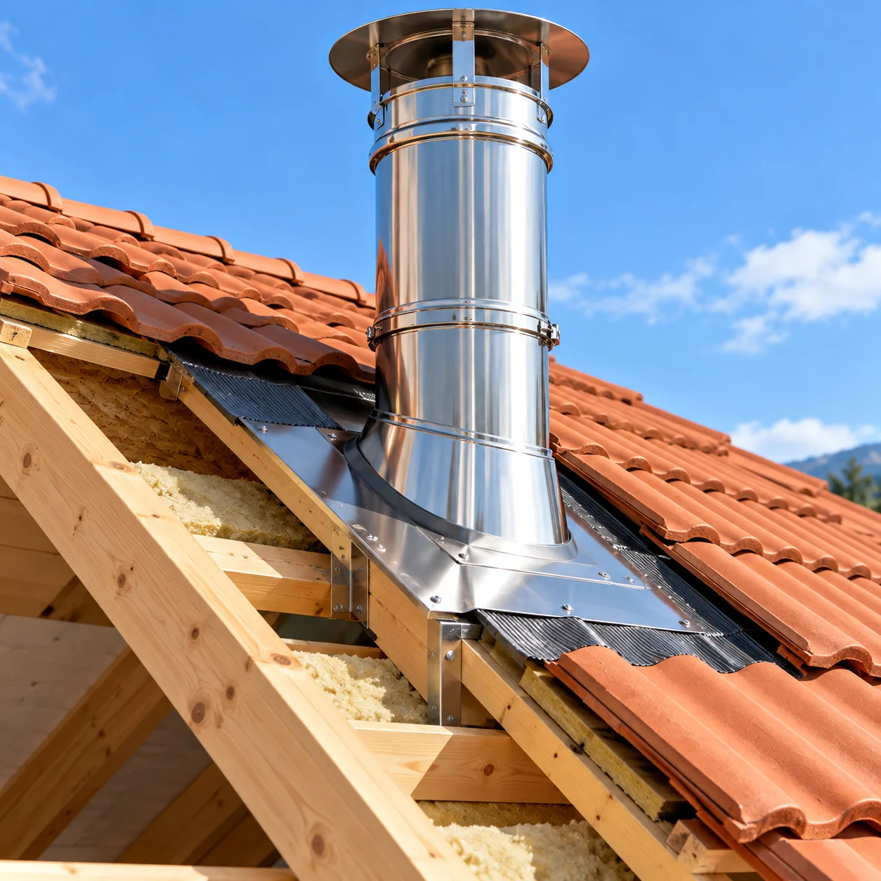 Insulated stainless steel chimney passing through a tiled wooden roof, showing chimney flashing, timber rafters and the roof penetration area.