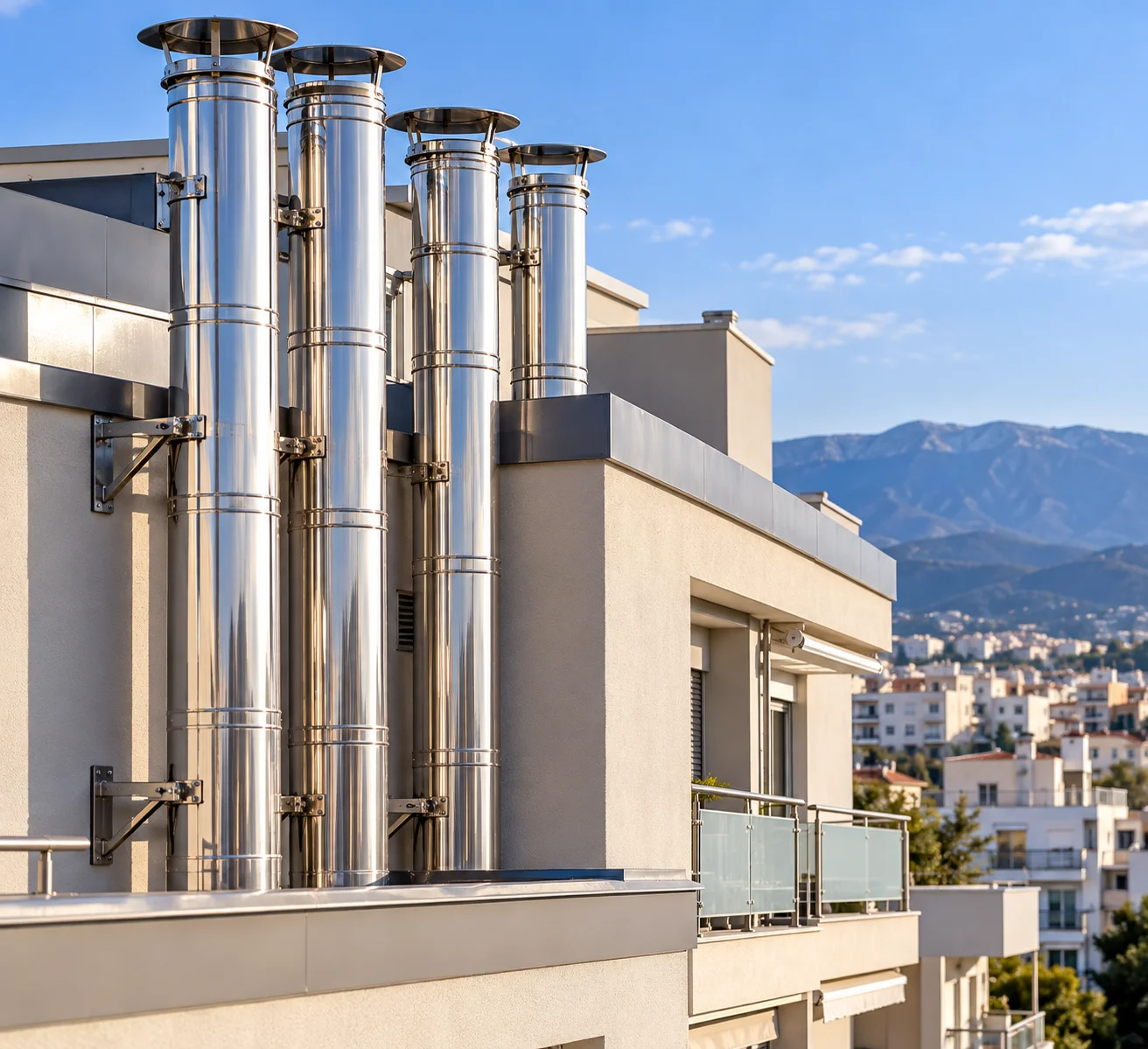 Multiple stainless steel chimney flues installed along the roof of a modern apartment building, illustrating independent and communal flue gas evacuation installations.