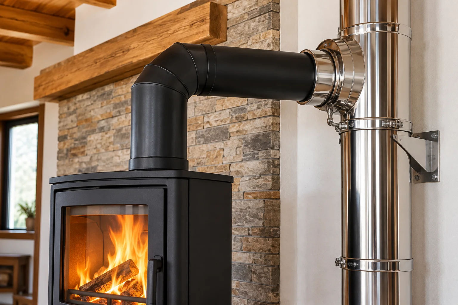 Black metal flue pipe connecting a modern wood-burning stove to a stainless steel chimney, showing an elbow, metal joints and wall support brackets.