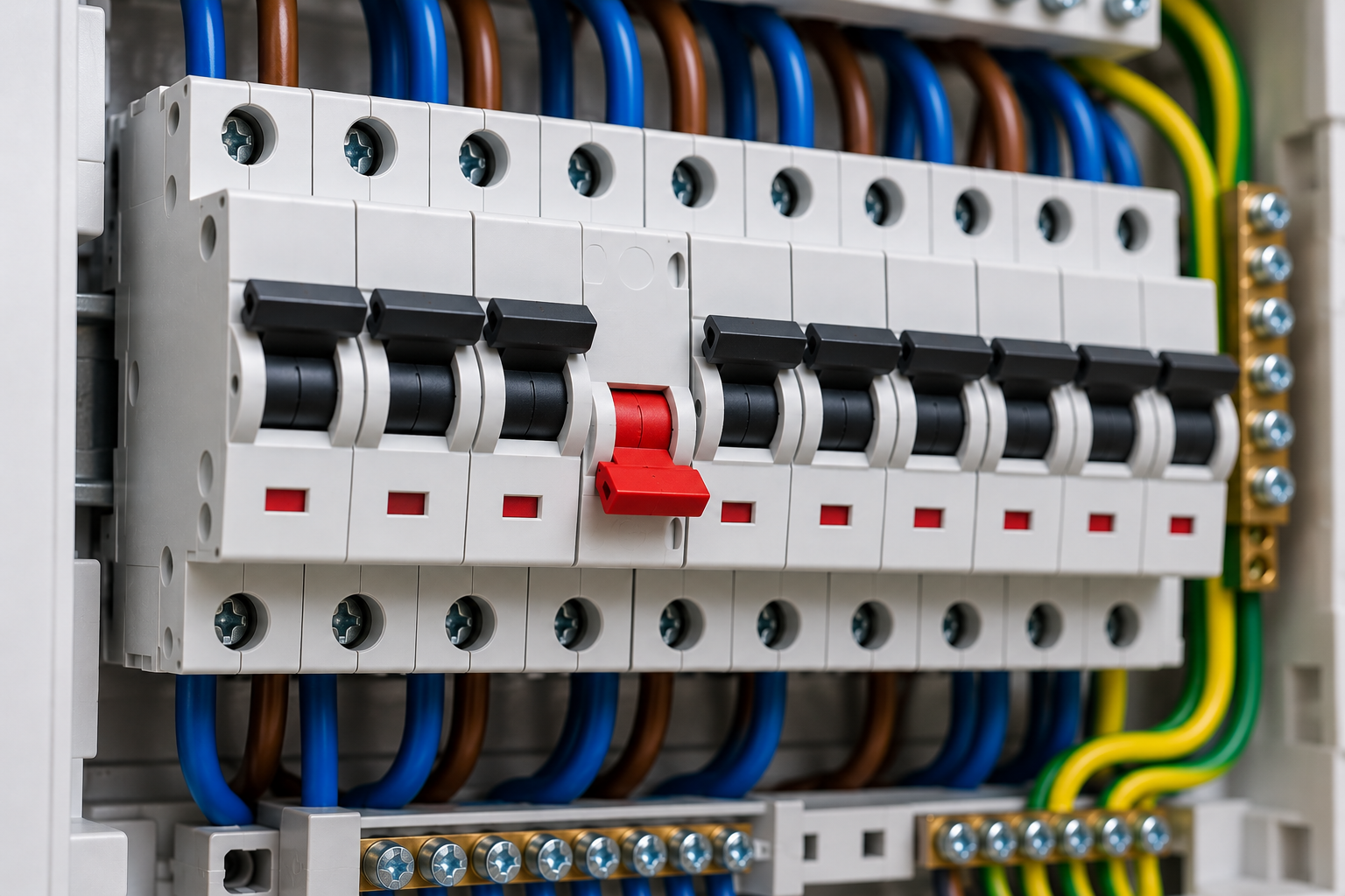 Close-up of a residential electrical distribution board with miniature circuit breakers, showing one red breaker switch in the down position.