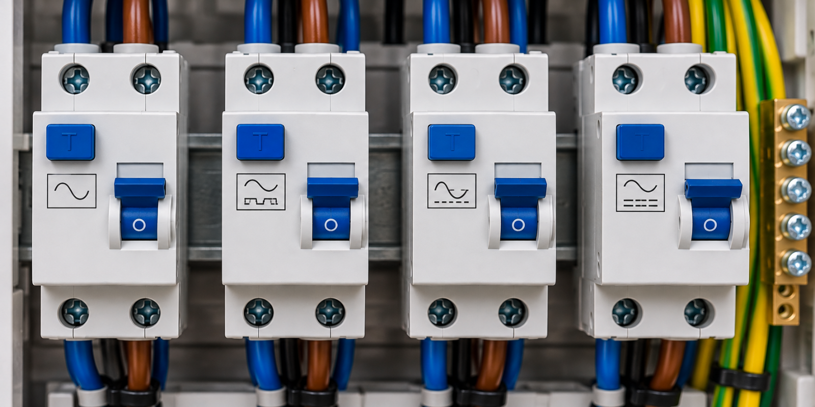 Illustration of four residual current devices mounted side by side in an electrical distribution board, representing RCD Types AC, A, F and B.