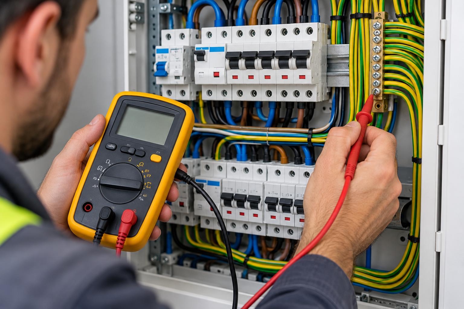 Qualified electrician using an electrical testing instrument to inspect protective earth connections and green-yellow grounding conductors inside a residential electrical distribution board.