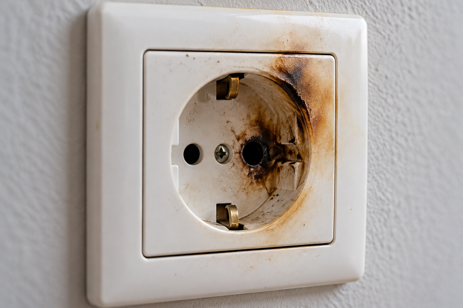 Close-up of a damaged European electrical wall socket with black scorch marks, melted plastic and heat discoloration, illustrating a potential electrical fire hazard.