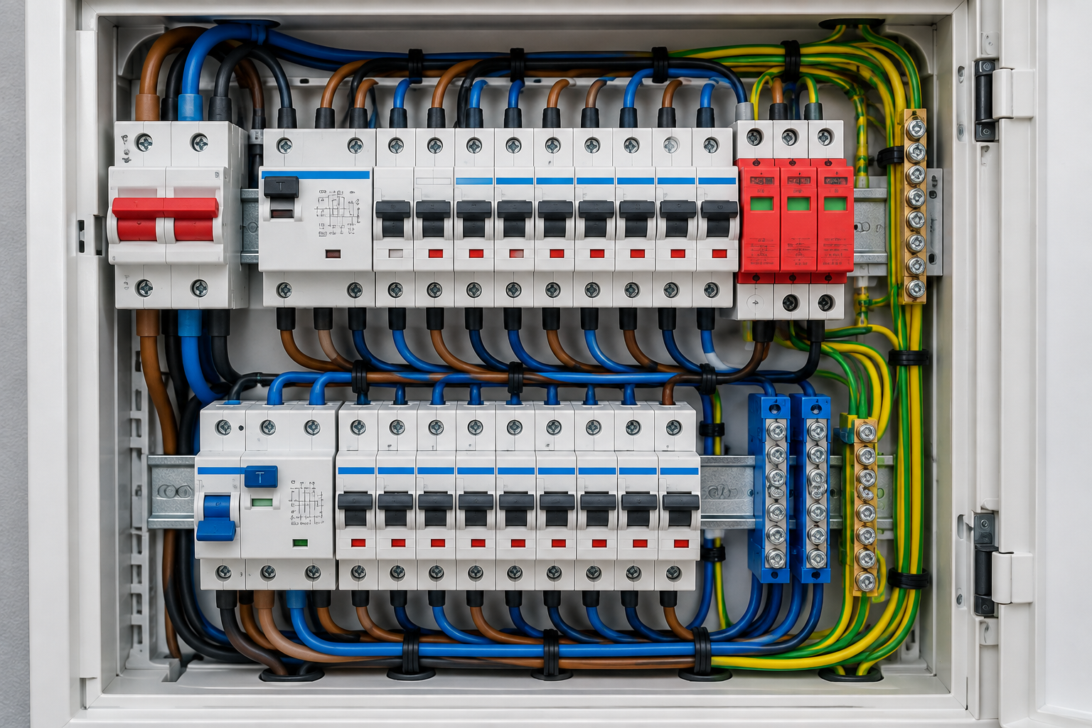 Modern residential electrical distribution board with a main switch, miniature circuit breakers, residual current devices, surge protection devices and neatly organised wiring mounted on DIN rails.