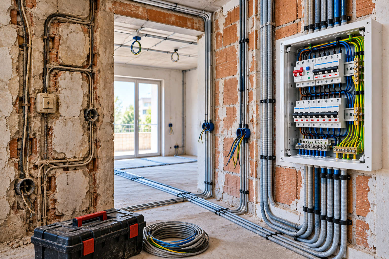 Residential electrical renovation showing old wiring and damaged wall finishes beside newly installed conduits, organized electrical cables and a modern distribution board.