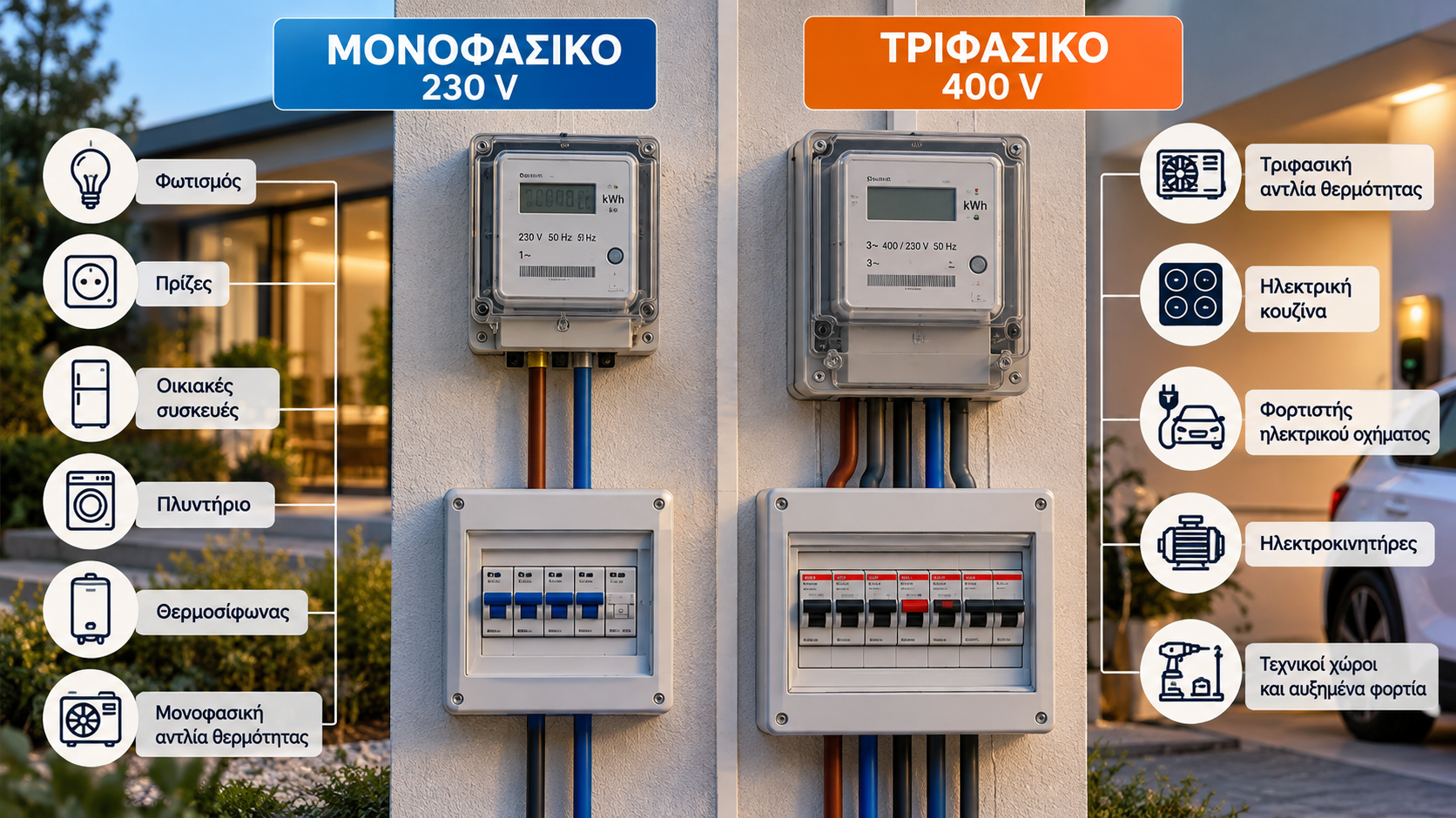 Σύγκριση μονοφασικής και τριφασικής ηλεκτρικής παροχής κατοικίας με δύο σύγχρονους ηλεκτρικούς μετρητές και οργανωμένες καλωδιώσεις.