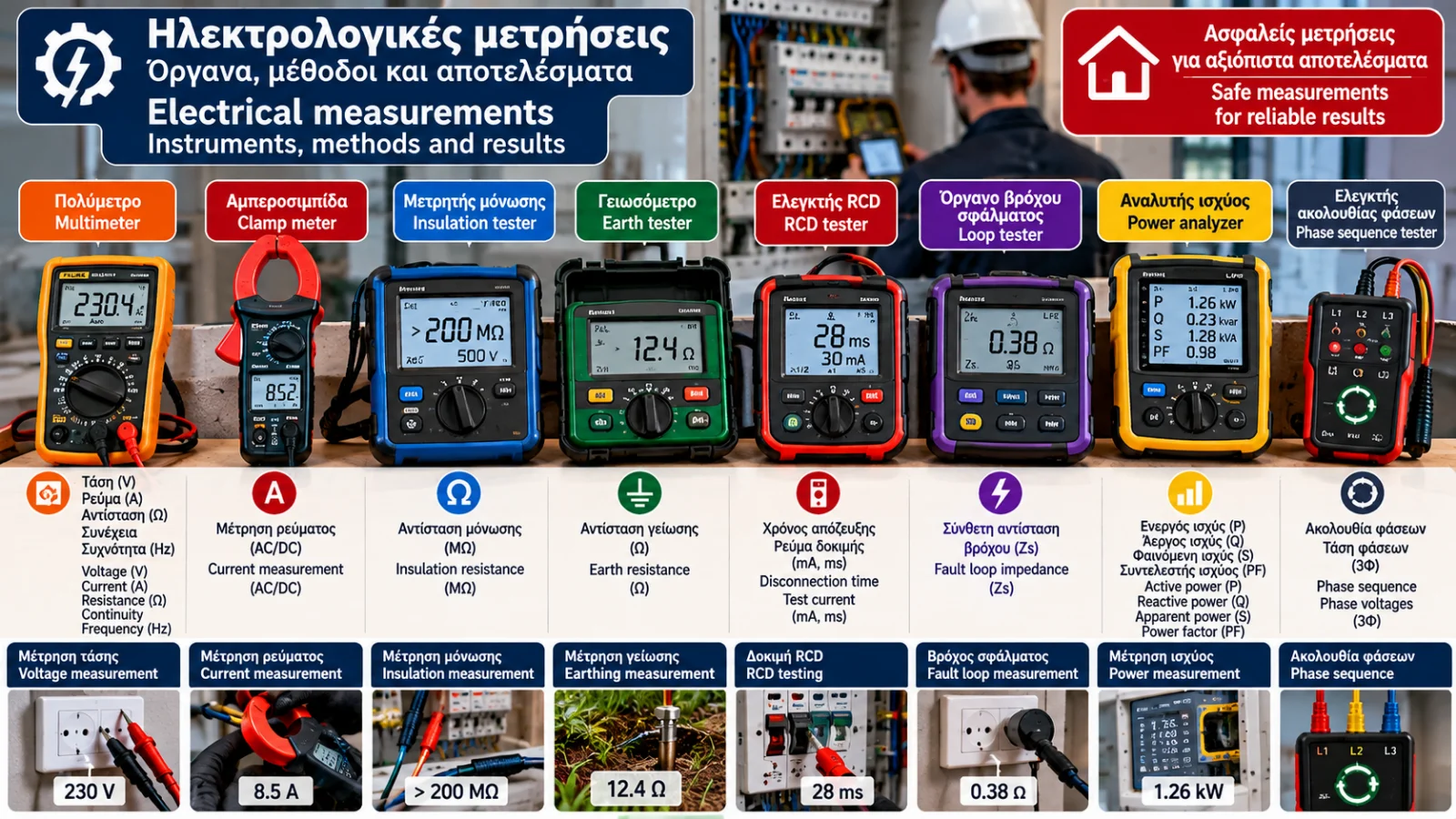 Τεχνική παρουσίαση ηλεκτρολογικών οργάνων μέτρησης, με πολύμετρο, αμπεροτσιμπίδα, γειωσόμετρο, μετρητή μόνωσης, ελεγκτή RCD και όργανο μέτρησης βρόχου σφάλματος.