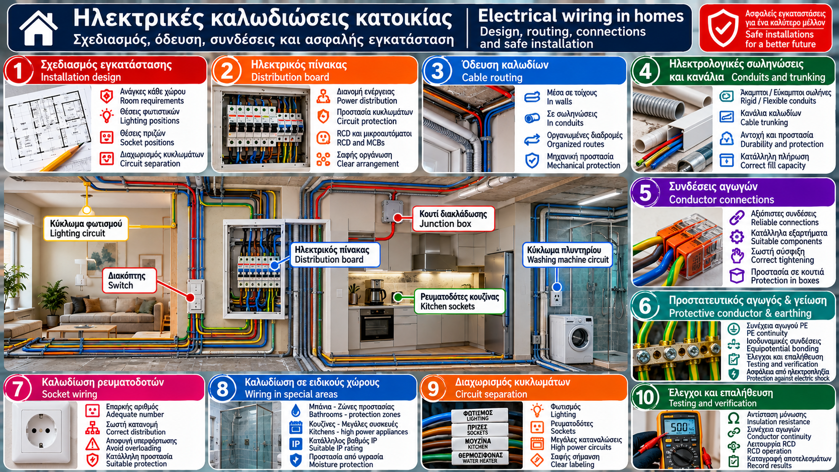Τεχνική απεικόνιση ηλεκτρικών καλωδιώσεων κατοικίας με ηλεκτρικό πίνακα, σωληνώσεις, κουτιά διακλάδωσης, κυκλώματα φωτισμού και ρευματοδοτών, προστατευτικούς αγωγούς και οδεύσεις καλωδίων.