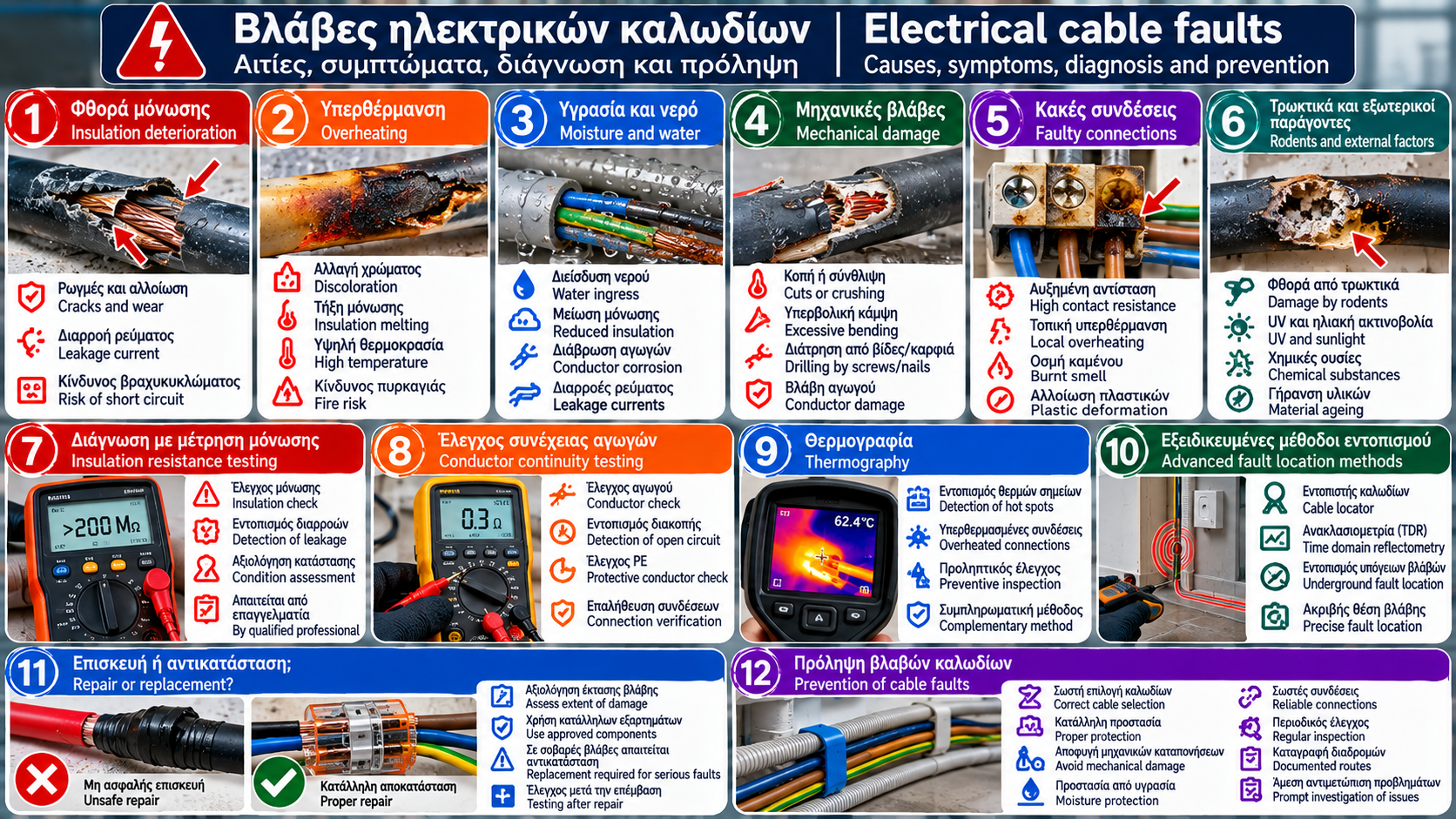 Bilingual Greek and English technical infographic showing electrical cable faults, including damaged insulation, overheating, moisture ingress, mechanical damage, faulty connections and professional diagnostic testing.