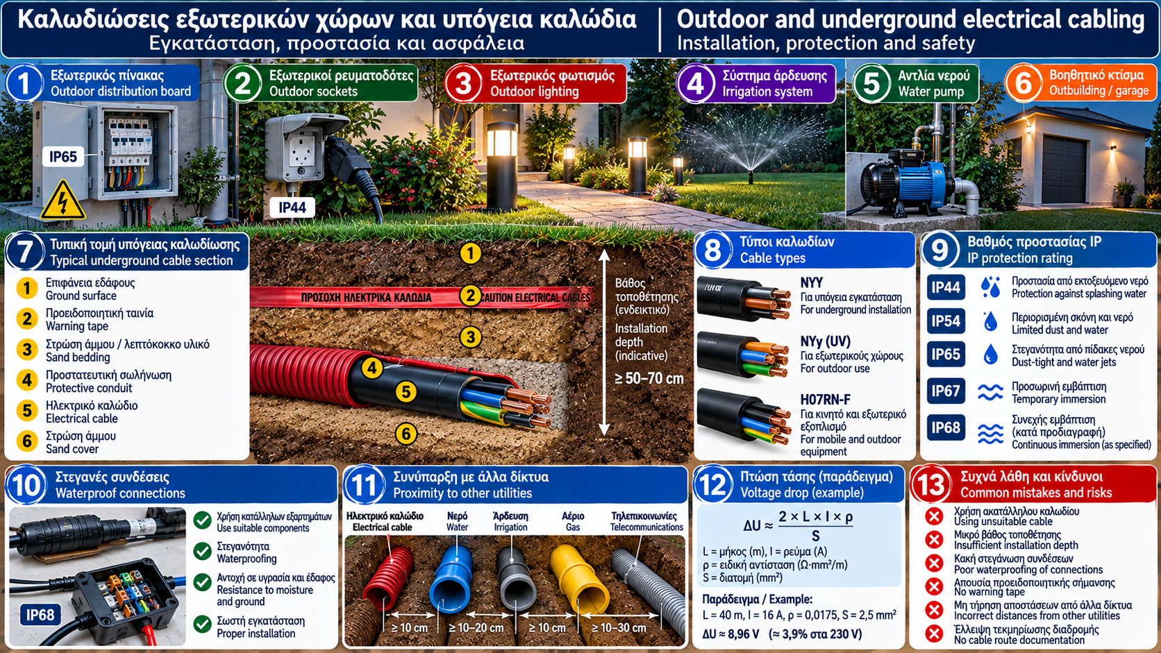 Bilingual Greek and English technical infographic of outdoor electrical wiring and underground cables, showing a buried cable trench, protective conduit, warning tape, waterproof connections, garden lighting, water pumps and IP protection ratings.