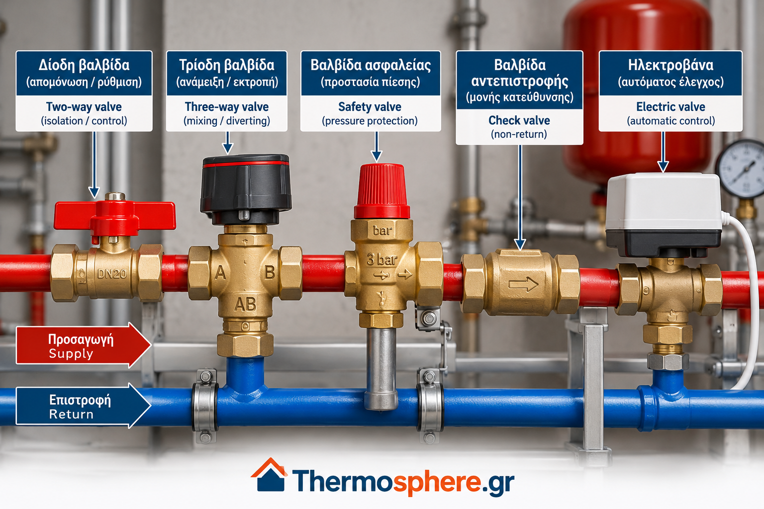 Different types of heating system valves, including two-way, three-way, safety, check and motorized valves used in hydronic heating systems.