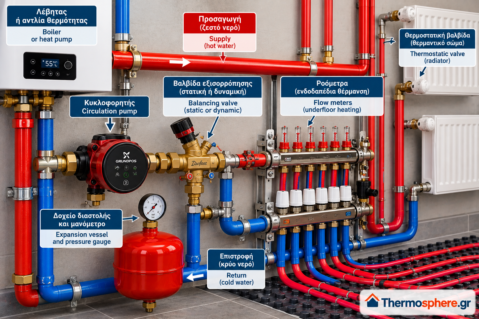 Hydronic heating system showing a circulation pump, balancing valve, underfloor heating manifold with flow meters, expansion vessel and radiator thermostatic valves, with Greek and English labels.