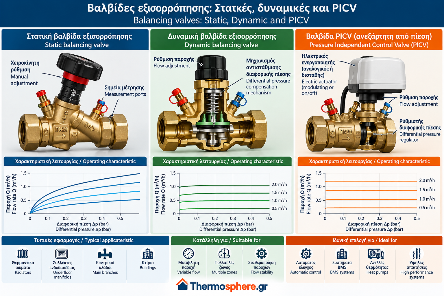 Technical comparison of static balancing valves, dynamic balancing valves and pressure-independent control valves (PICVs), showing valve components, flow characteristics and typical hydronic heating applications.
