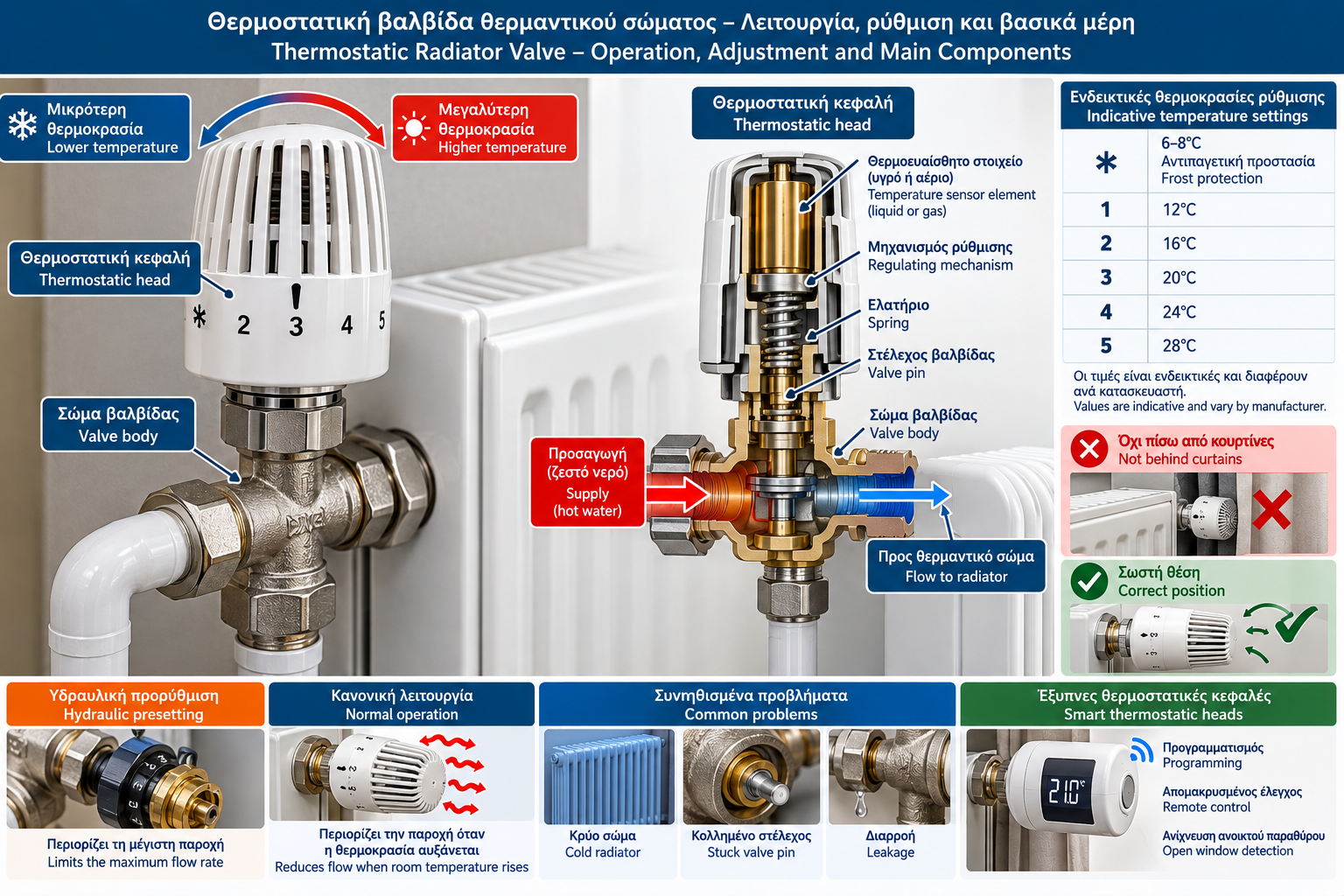 Thermostatic radiator valve showing temperature settings 1–5, internal operating mechanism, hydraulic presetting, common faults and a smart thermostatic radiator head.