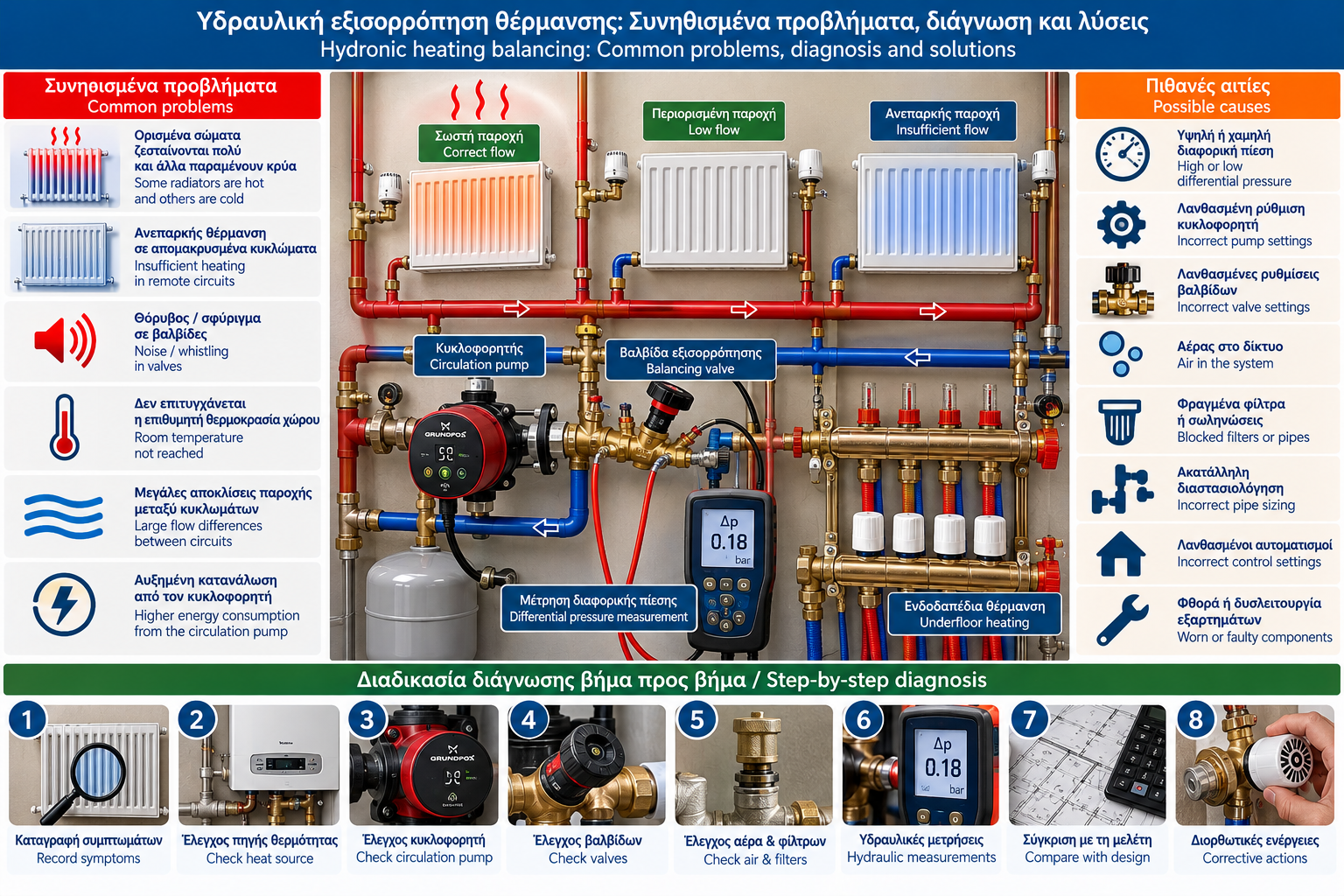 Hydronic heating system troubleshooting infographic showing radiators, a circulation pump, balancing valves, differential pressure measurement, common flow problems and diagnostic steps.