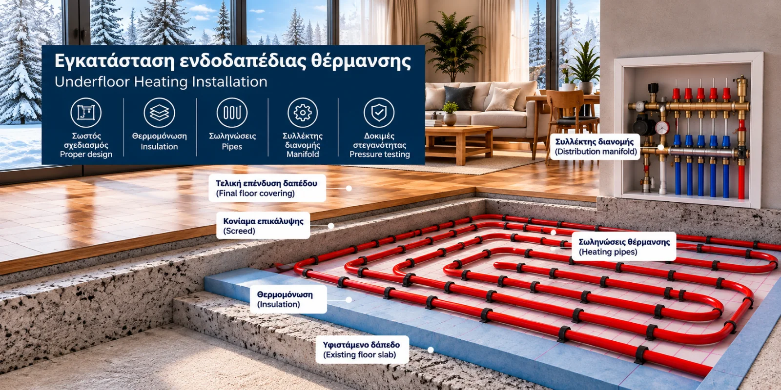 Technical cross-section of a hydronic underfloor heating installation showing heating pipes, insulation panels, screed and finished flooring.