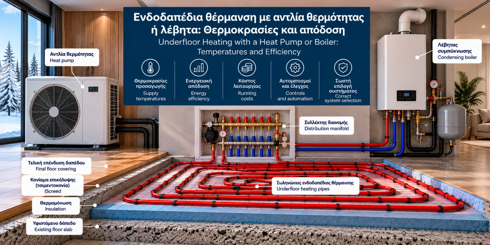 Hydronic underfloor heating system with a heat pump, condensing gas boiler, distribution manifold and heating pipes beneath the floor.