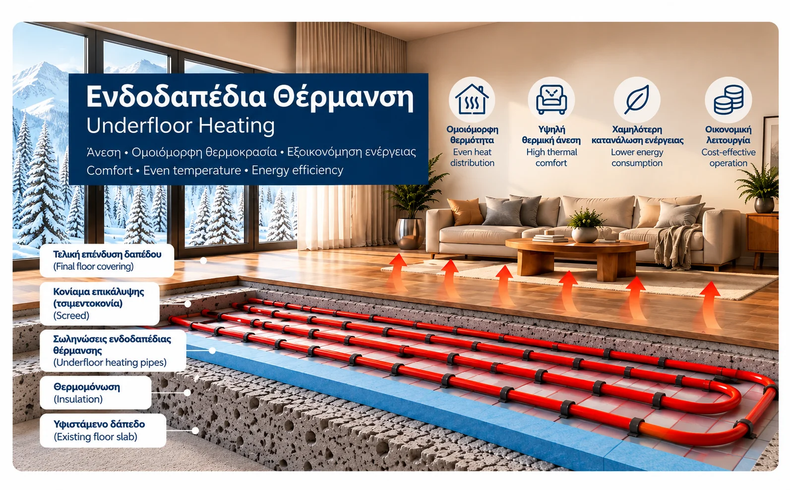 Τεχνική απεικόνιση υδραυλικής ενδοδαπέδιας θέρμανσης με σωληνώσεις κάτω από το δάπεδο, συλλέκτη διανομής και ροή θερμού νερού.