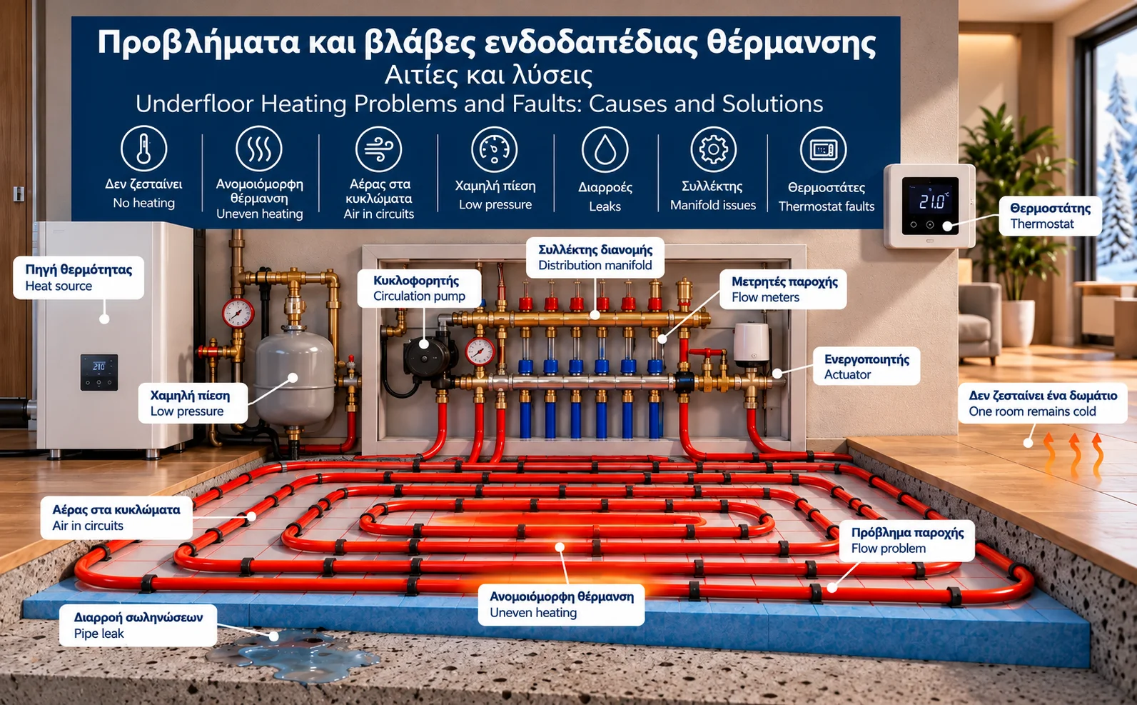 Technical illustration of underfloor heating troubleshooting showing a distribution manifold, flow meters, thermostat and heating pipes beneath the floor.