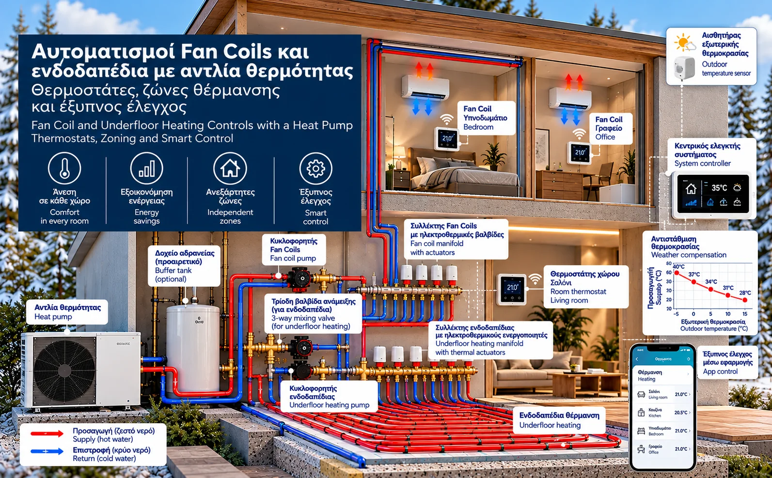Technical illustration of a two-story home with fan coil units, underfloor heating and a heat pump, showing room thermostats, manifolds with thermal actuators, a central controller and weather compensation.