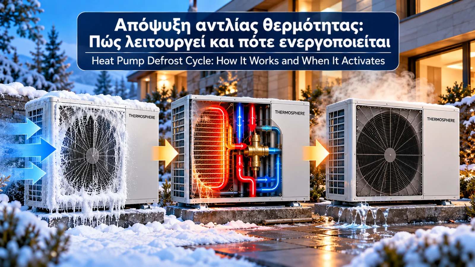 Educational technical illustration of an air-to-water heat pump outdoor unit during defrost, showing frost on the heat exchanger, refrigerant cycle reversal, ice melting and water drainage.