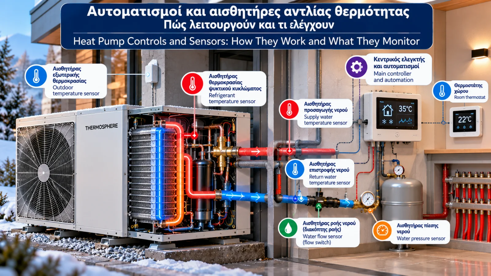 Realistic technical illustration of an air-to-water heat pump showing the main controller, temperature, pressure and flow sensors, room thermostat and hydronic heating circuit.