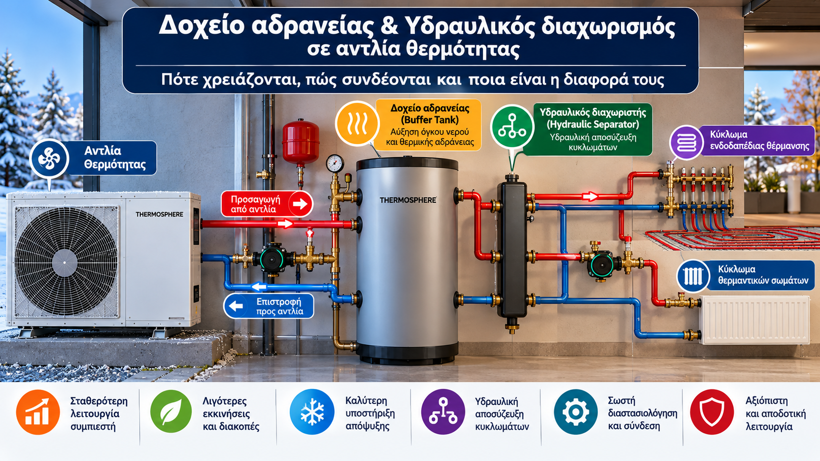 Τεχνική απεικόνιση αντλίας θερμότητας αέρα-νερού με δοχείο αδρανείας, πρωτεύον και δευτερεύον υδραυλικό κύκλωμα, κυκλοφορητές και συνδέσεις προσαγωγής και επιστροφής.