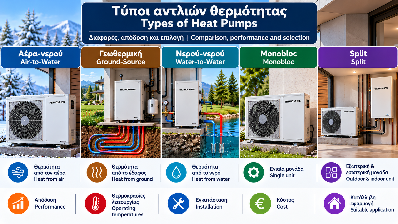 Τεχνική σύγκριση διαφορετικών τύπων αντλιών θερμότητας, με εξωτερική μονάδα αέρα-νερού, γεωθερμικό σύστημα με υπόγειους εναλλάκτες, αντλία νερού-νερού και διατάξεις monobloc και split.