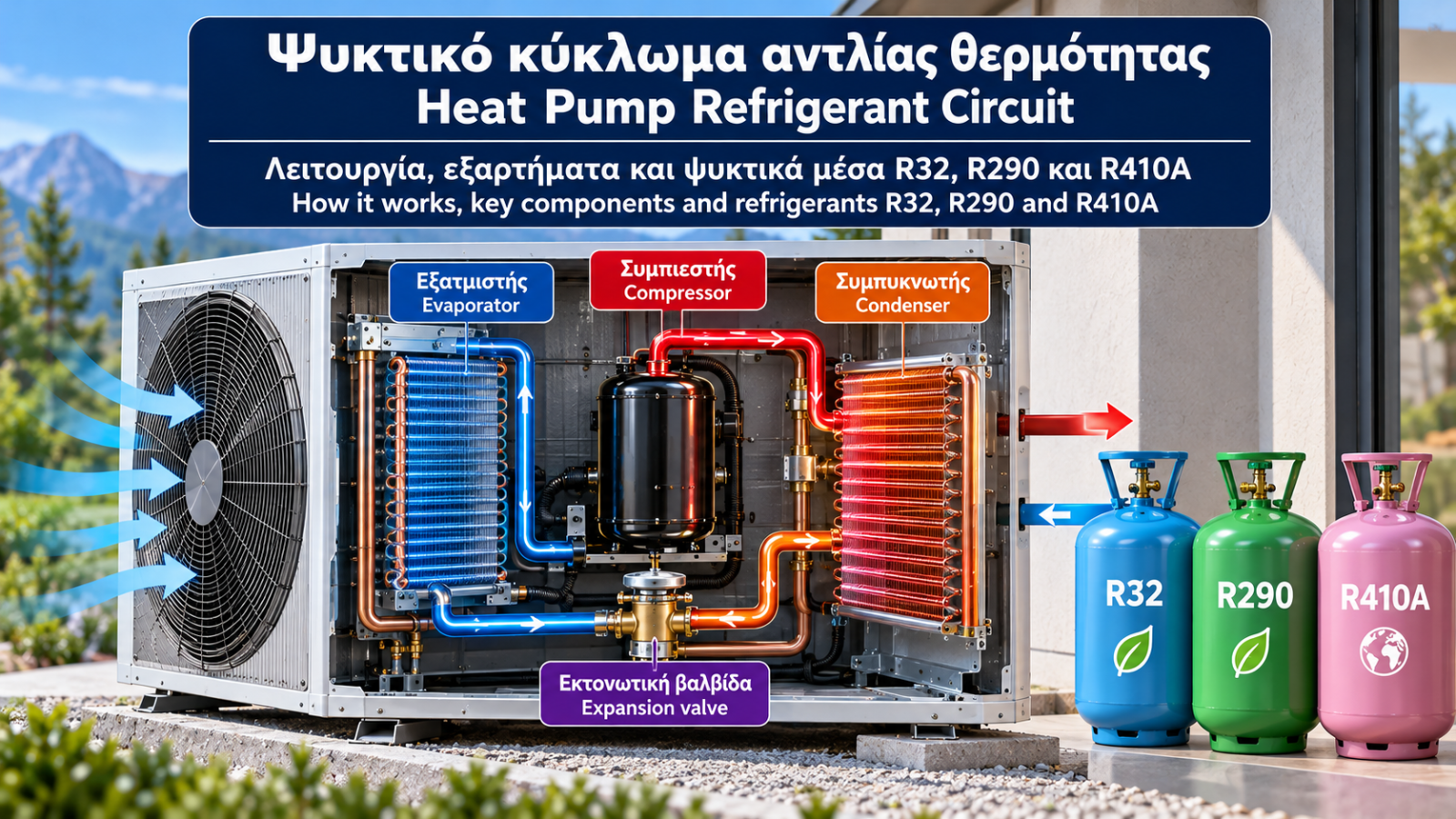 Τεχνική απεικόνιση ψυκτικού κυκλώματος αντλίας θερμότητας με συμπιεστή, εξατμιστή, συμπυκνωτή και εκτονωτική βαλβίδα, μαζί με τα ψυκτικά μέσα R32, R290 και R410A.