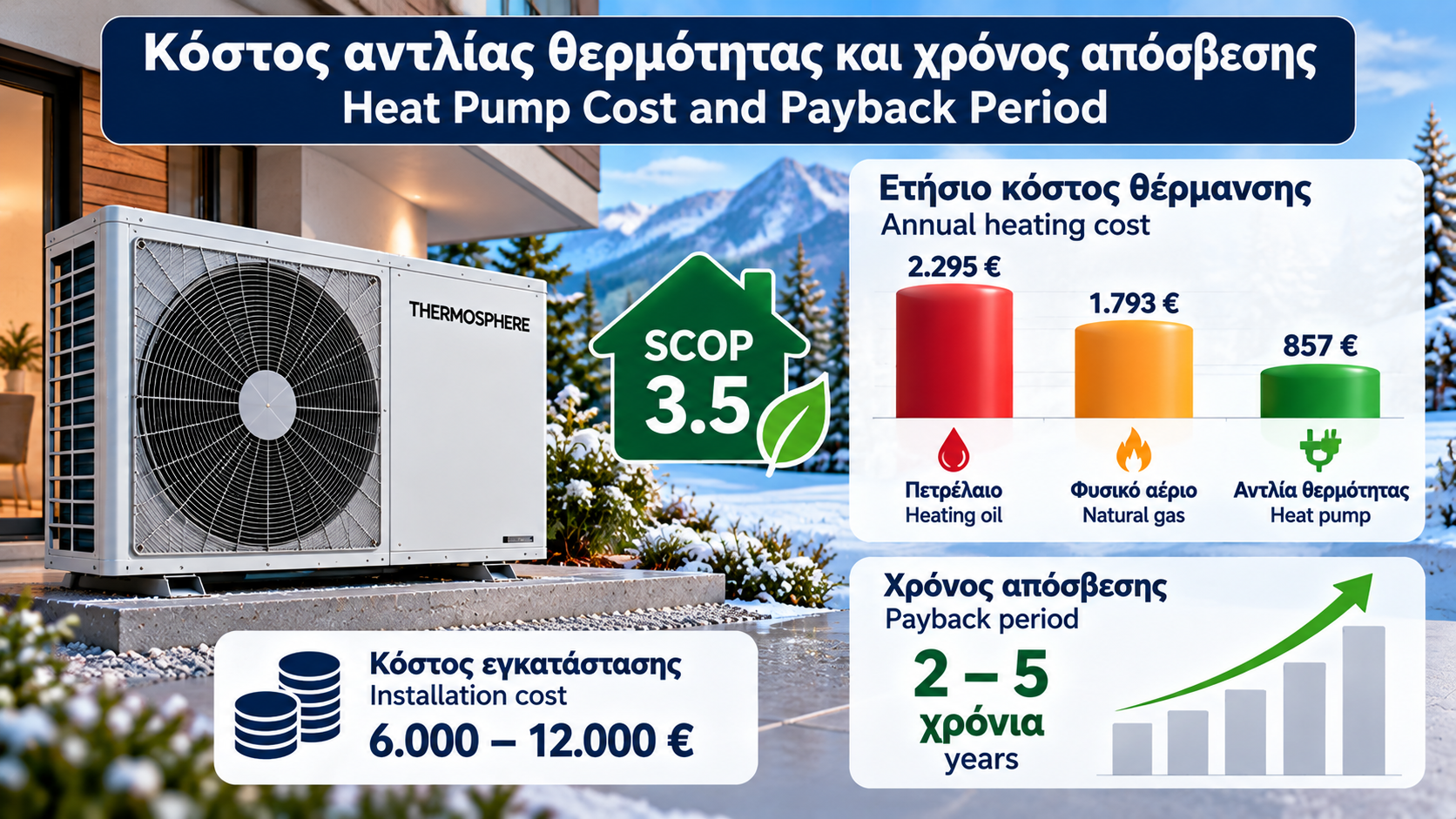 Τεχνική απεικόνιση αντλίας θερμότητας με σύγκριση κόστους θέρμανσης, ηλεκτρικής κατανάλωσης, εποχιακής απόδοσης SCOP και χρόνου απόσβεσης επένδυσης.