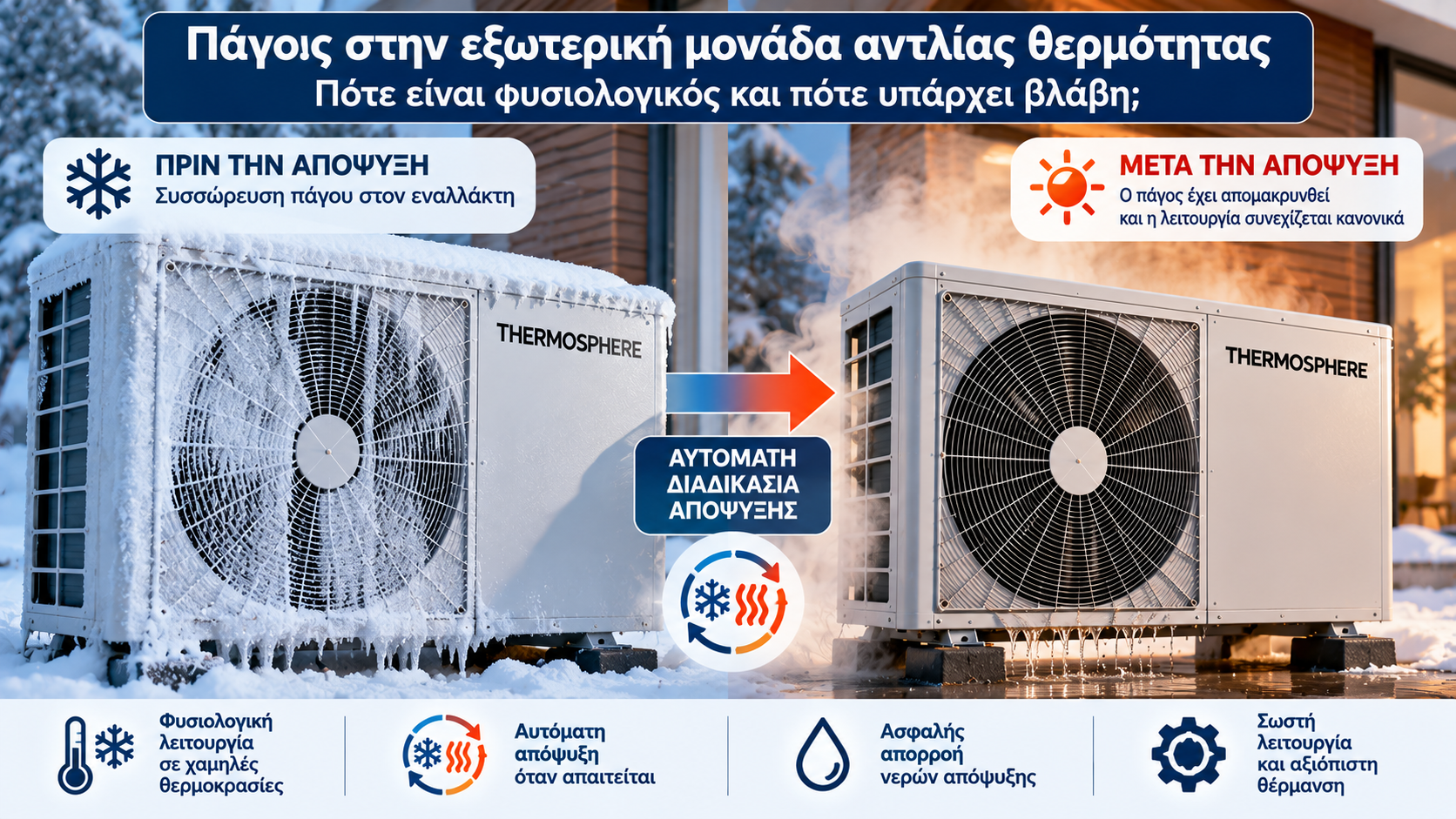 Εξωτερική μονάδα αντλίας θερμότητας με σχηματισμό πάγου στον εναλλάκτη και απεικόνιση της αυτόματης διαδικασίας απόψυξης κατά τη χειμερινή λειτουργία.