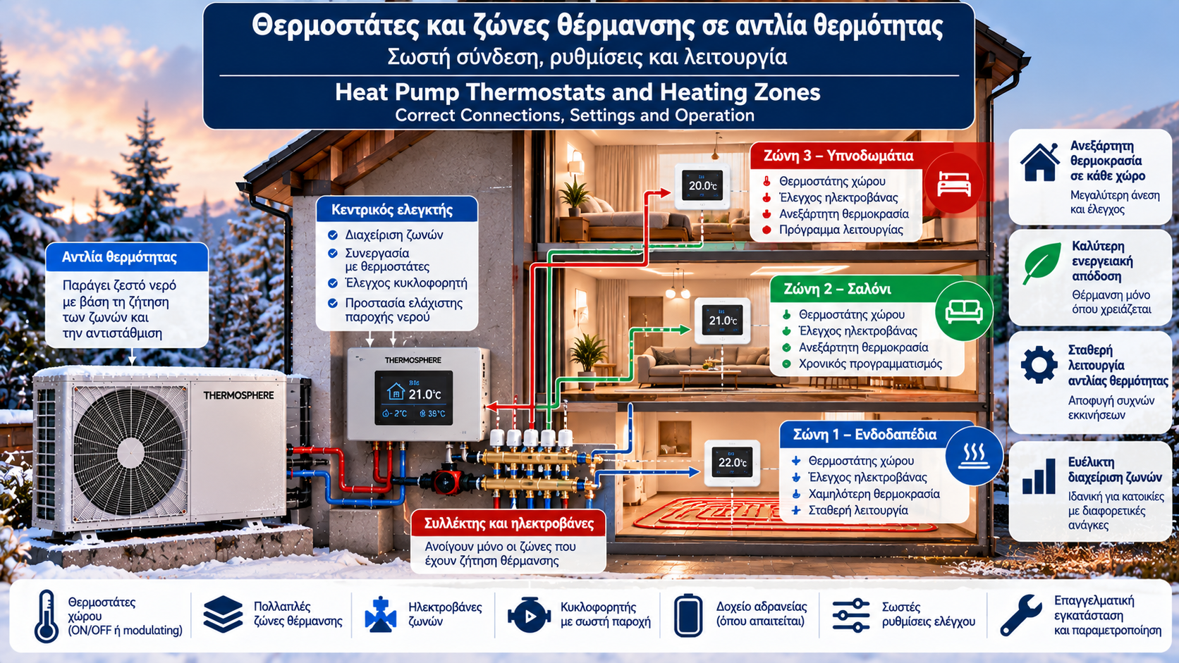 Τεχνική απεικόνιση αντλίας θερμότητας συνδεδεμένης με τρεις ζώνες θέρμανσης κατοικίας, θερμοστάτες χώρου, ηλεκτροβάνες, συλλέκτη και κεντρικό ελεγκτή.