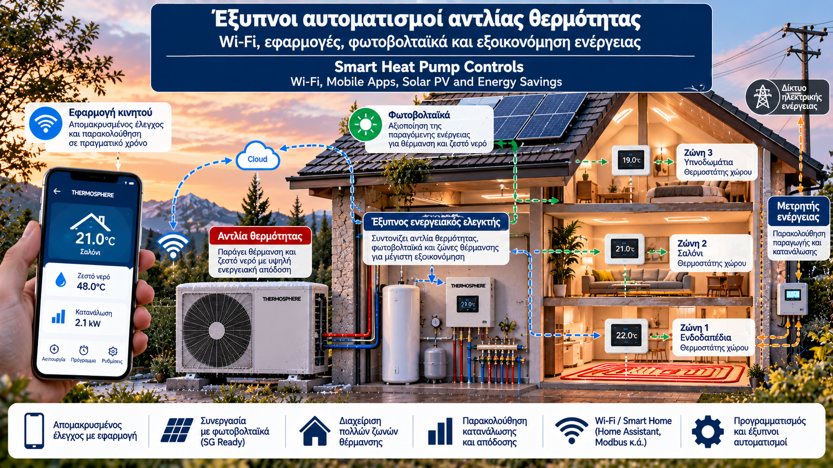 Τεχνική απεικόνιση έξυπνης αντλίας θερμότητας συνδεδεμένης με εφαρμογή κινητού, οικιακό Wi-Fi, φωτοβολταϊκά πάνελ και σύστημα ενεργειακής διαχείρισης.