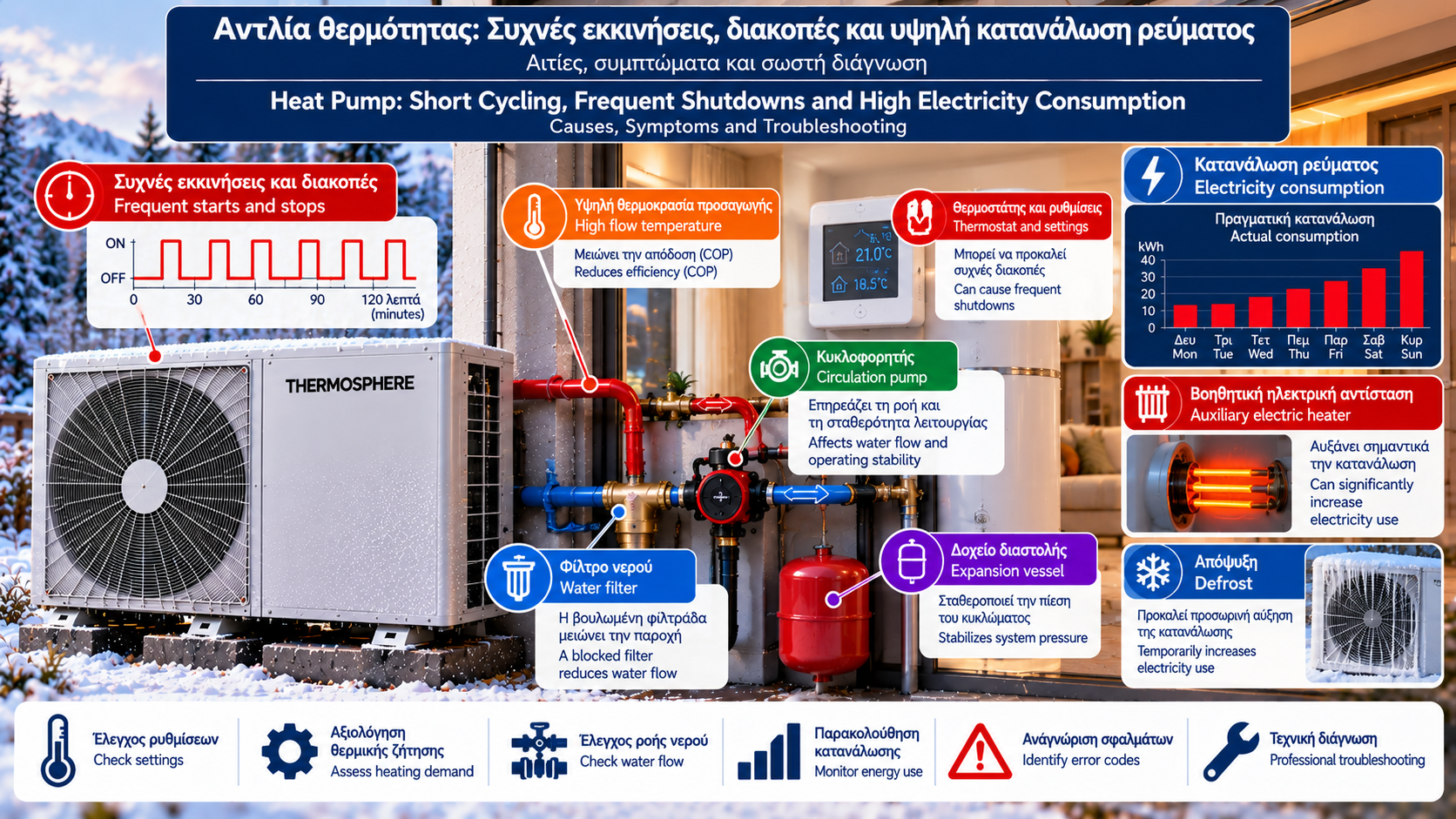 Τεχνικό infographic αντλίας θερμότητας με γράφημα συχνών εκκινήσεων και διακοπών συμπιεστή, ένδειξη ηλεκτρικής κατανάλωσης, θερμοστάτη, καμπύλη αντιστάθμισης και έλεγχο βοηθητικής αντίστασης.