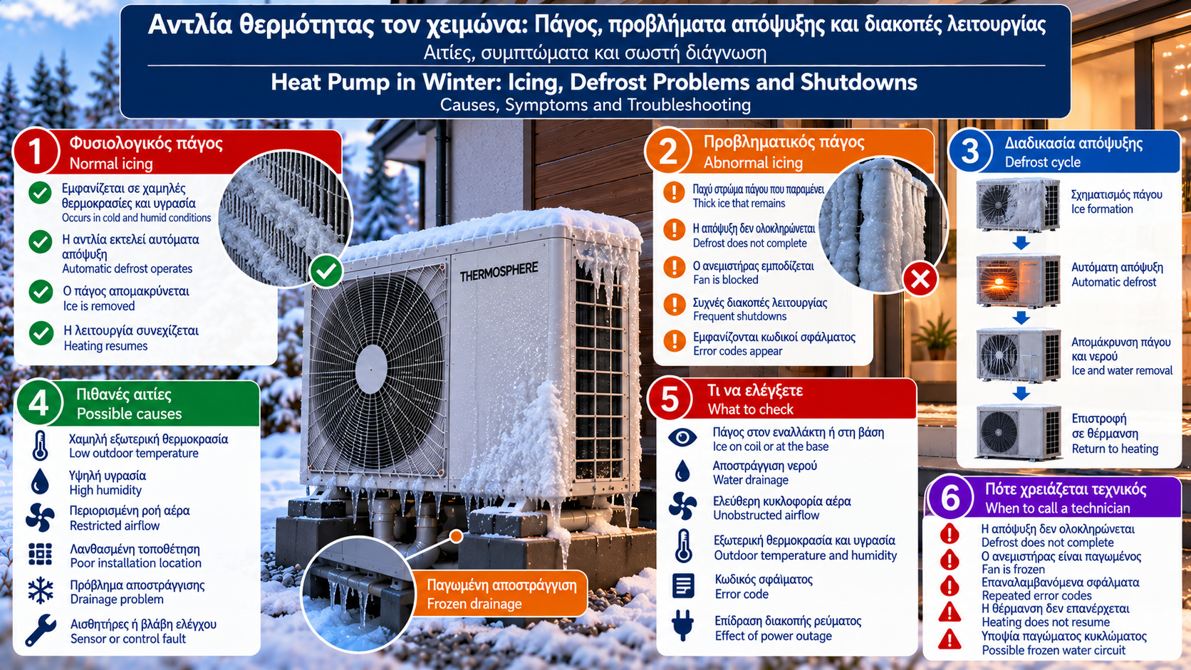 Τεχνική απεικόνιση εξωτερικής μονάδας αντλίας θερμότητας τον χειμώνα με σχηματισμό πάγου στον εναλλάκτη, κύκλο απόψυξης, παγωμένη αποστράγγιση, ένδειξη διακοπής λειτουργίας και σημεία τεχνικού ελέγχου.