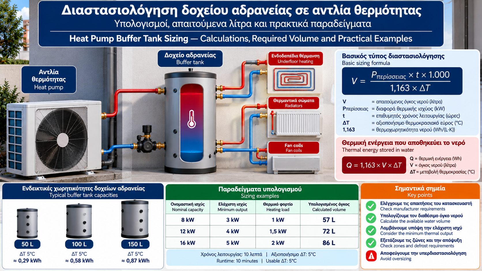 Τεχνικό διάγραμμα διαστασιολόγησης δοχείου αδρανείας αντλίας θερμότητας με δοχεία 50, 100 και 150 λίτρων, υδραυλικές συνδέσεις, υπολογισμό θερμικής χωρητικότητας και παραδείγματα απαιτούμενου όγκου νερού.