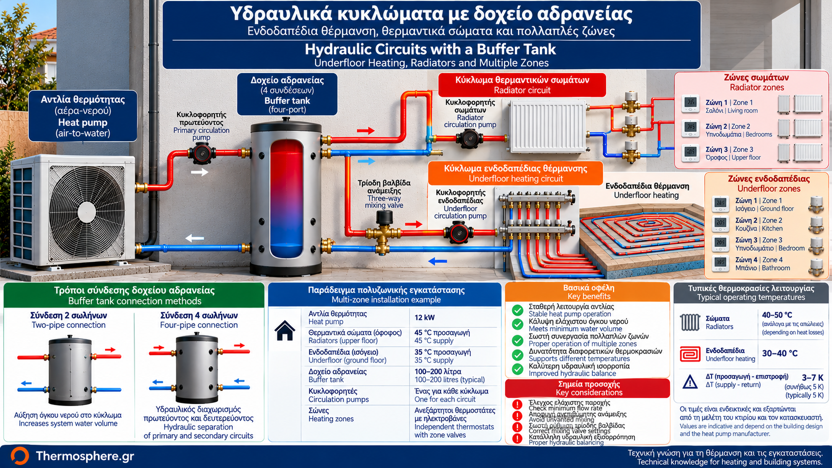 Τεχνικό διάγραμμα αντλίας θερμότητας με δοχείο αδρανείας τεσσάρων συνδέσεων, πρωτεύον και δευτερεύον κύκλωμα, ενδοδαπέδια θέρμανση, θερμαντικά σώματα, κυκλοφορητές, τρίοδη βαλβίδα και ανεξάρτητες ζώνες.