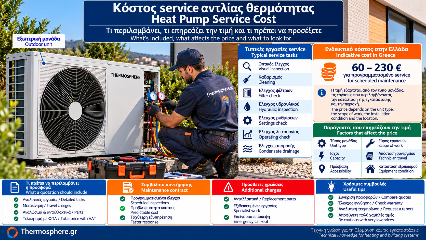 Τεχνικός πραγματοποιεί προγραμματισμένο service σε εξωτερική μονάδα αντλίας θερμότητας αέρα-νερού, με εργαλεία ελέγχου και δίγλωσσο πίνακα εργασιών και κόστους συντήρησης.