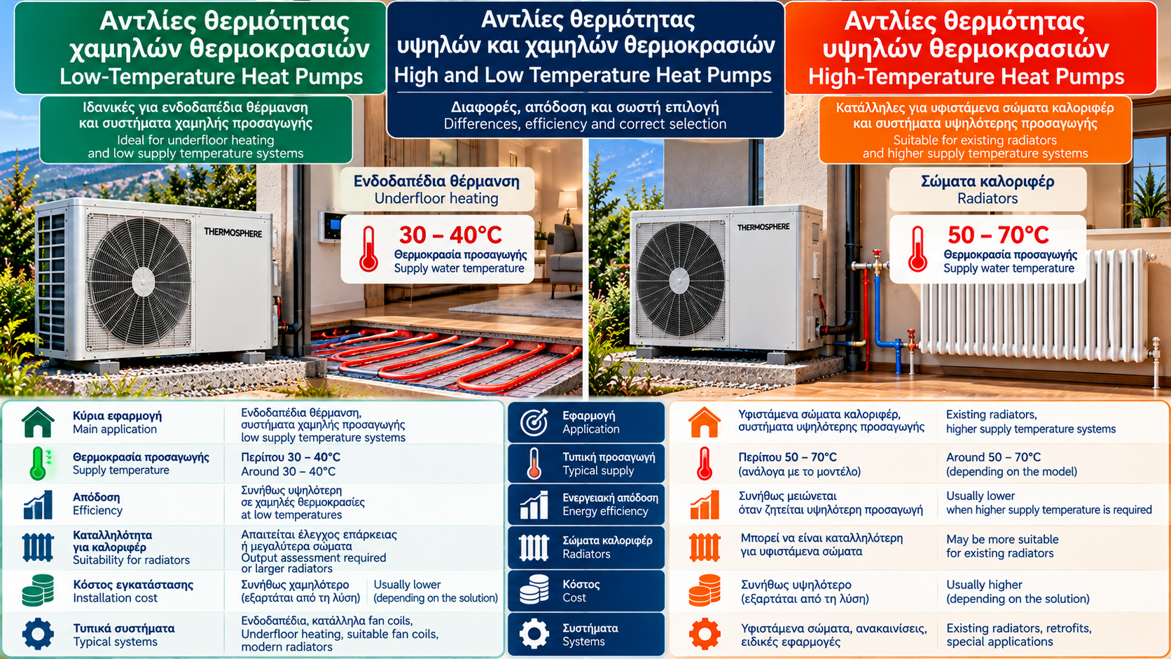 Συγκριτικό διάγραμμα αντλιών θερμότητας χαμηλών και υψηλών θερμοκρασιών, με ενδοδαπέδια θέρμανση, σώματα καλοριφέρ, θερμοκρασίες προσαγωγής και ελληνικές και αγγλικές επιγραφές.