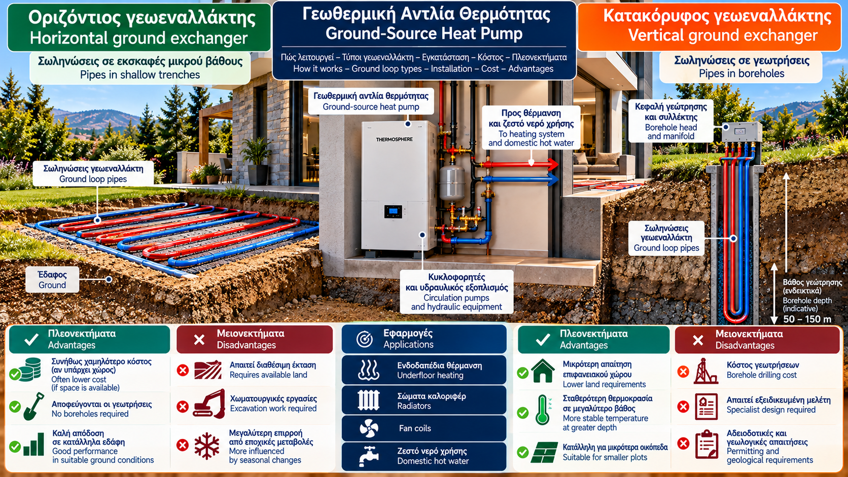 Τεχνική απεικόνιση γεωθερμικής αντλίας θερμότητας με οριζόντιο και κατακόρυφο γεωεναλλάκτη, υπόγειες σωληνώσεις, εσωτερική μονάδα και δίγλωσσες ελληνικές και αγγλικές επιγραφές.