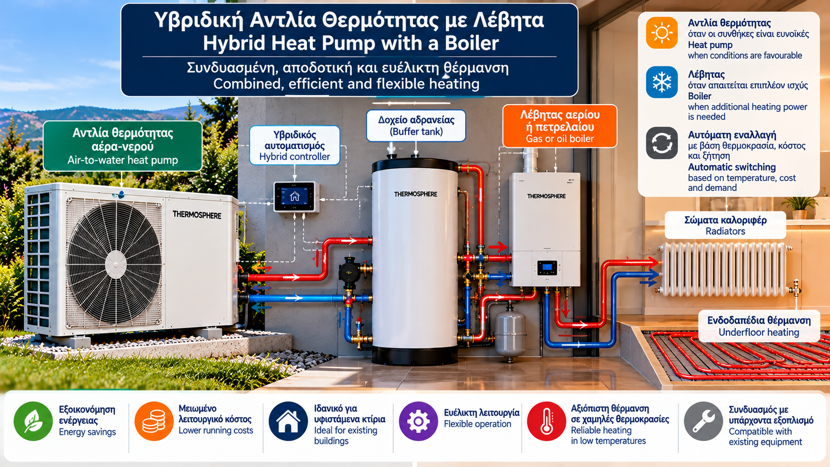 Τεχνικό διάγραμμα υβριδικού συστήματος θέρμανσης με αντλία θερμότητας αέρα-νερού και λέβητα φυσικού αερίου, υδραυλικές συνδέσεις, αυτοματισμό εναλλαγής πηγών και δίγλωσσες επιγραφές.