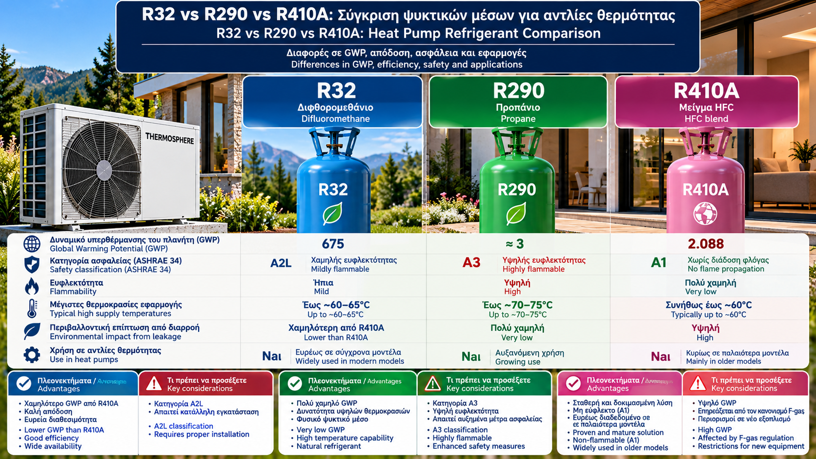 Τεχνική σύγκριση ψυκτικών μέσων R32, R290 και R410A για αντλίες θερμότητας, με ενδείξεις GWP, κατηγορίες ευφλεκτότητας A2L, A3 και A1 και δίγλωσσες ελληνικές και αγγλικές επιγραφές.