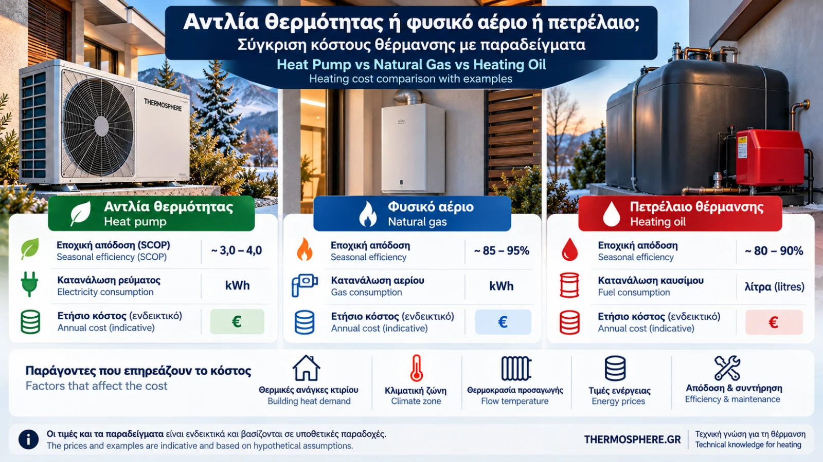 Comparison of an air-to-water heat pump, natural gas boiler and oil boiler with a bilingual infographic illustrating annual heating costs and cost per kWh of useful heat.