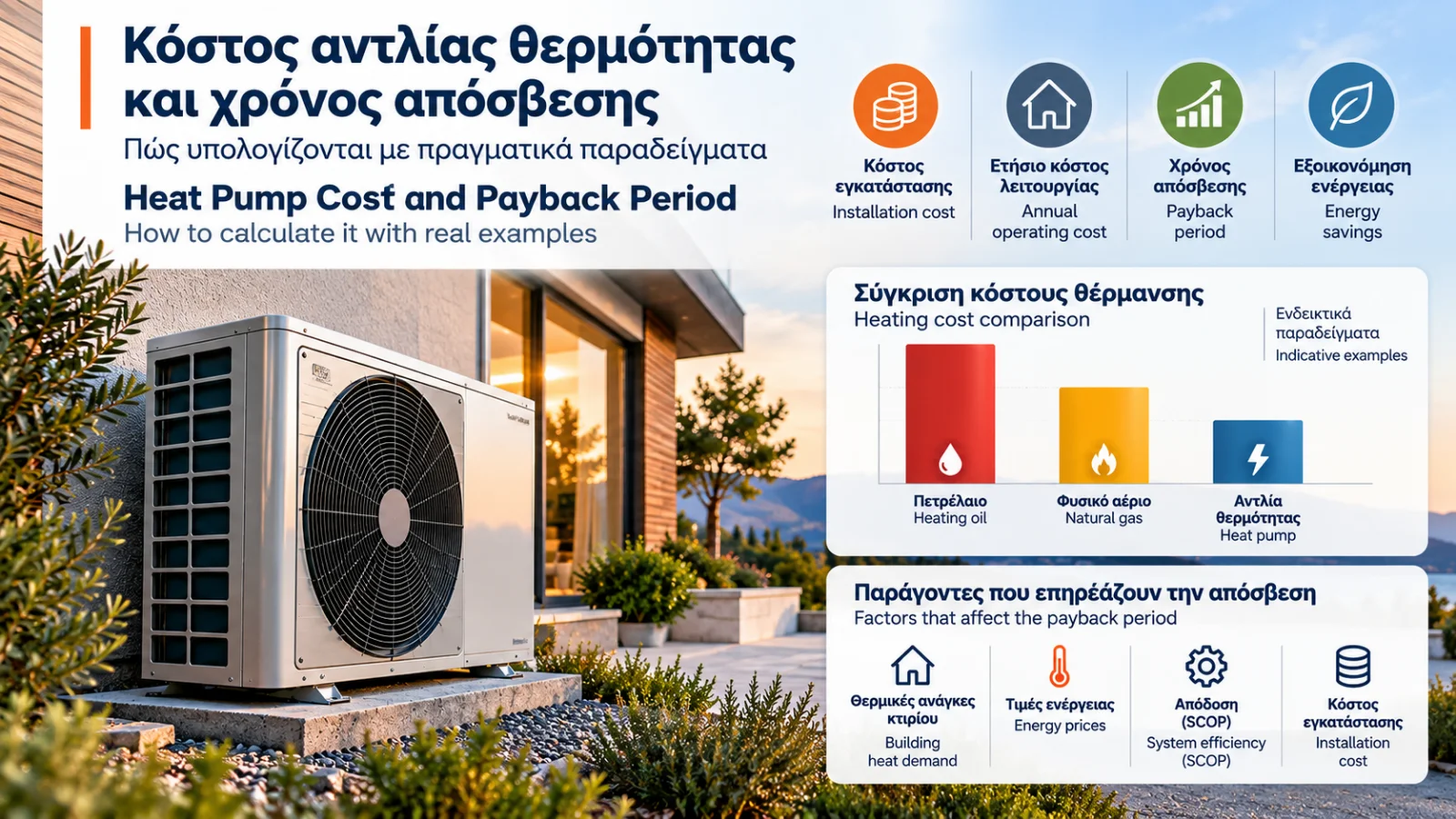 Air-to-water heat pump installed outside a home, with a bilingual technical infographic showing additional installation expenses including pipework, electrical upgrades, radiators, hydraulic components and maintenance.