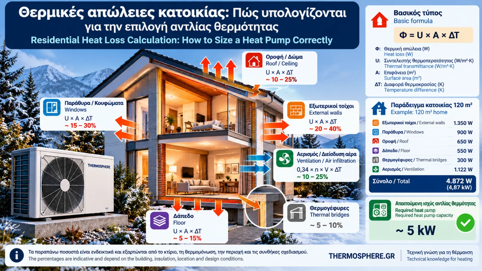 Technical illustration of residential heat losses through external walls, windows, roof, floor, thermal bridges and ventilation, used to calculate the required heat pump heating capacity.