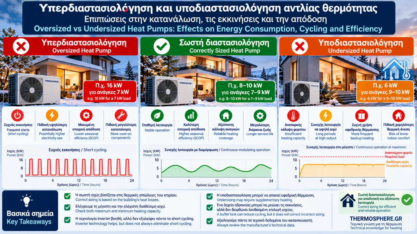 Technical comparison of oversized, correctly sized and undersized air-to-water heat pumps, illustrating heating capacity, compressor cycling and potential efficiency impacts.